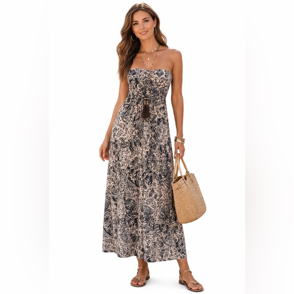 VICI Boho Halter Maxi‎ Dress Babydoll Black Cream Floral Resort Wear Beachy S - Picture 2 of 16